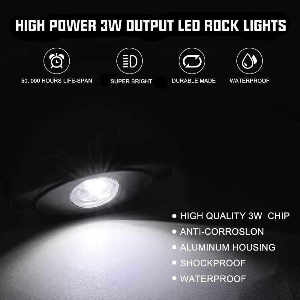 Sunpie 20 Pods Plug And Play White Rock Lights, 5M Extension Wires Each Light, 3 High Power Chips, 6000K Pure White, Rubber Moun
