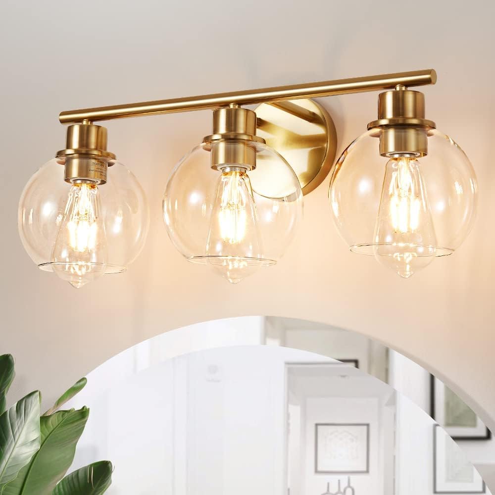 Lanmate Bathroom Light Fixtures Over Mirror 3-Lights Bathroom Vanity Light With Clear Glass Shade 22 Inch Modern Wall Sconce Gol