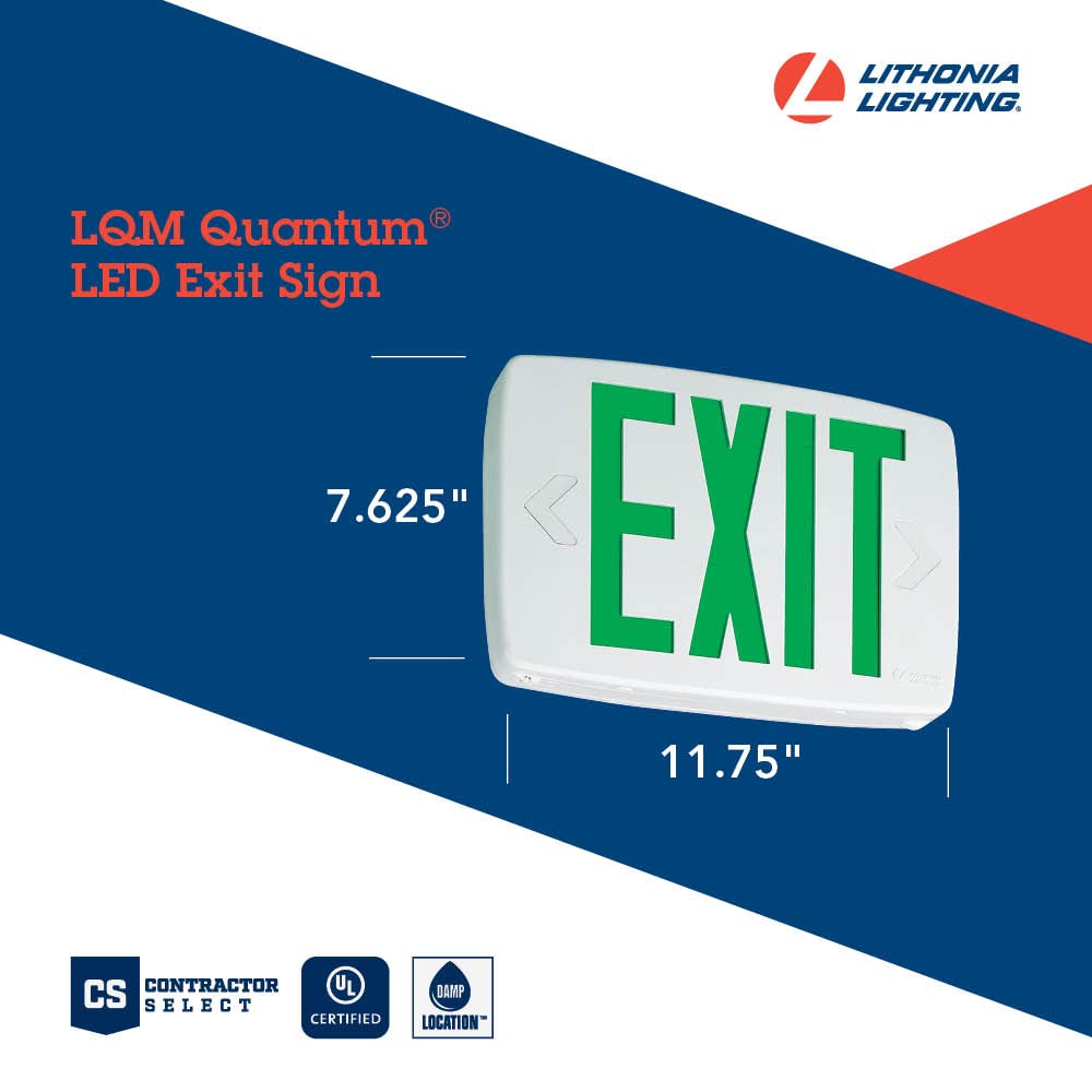 Lithonia Lighting Quantum LED Emergency Exit Sign, Green Letters, No Battery Back Up, Model LQM S W 3 G 120/277 M6