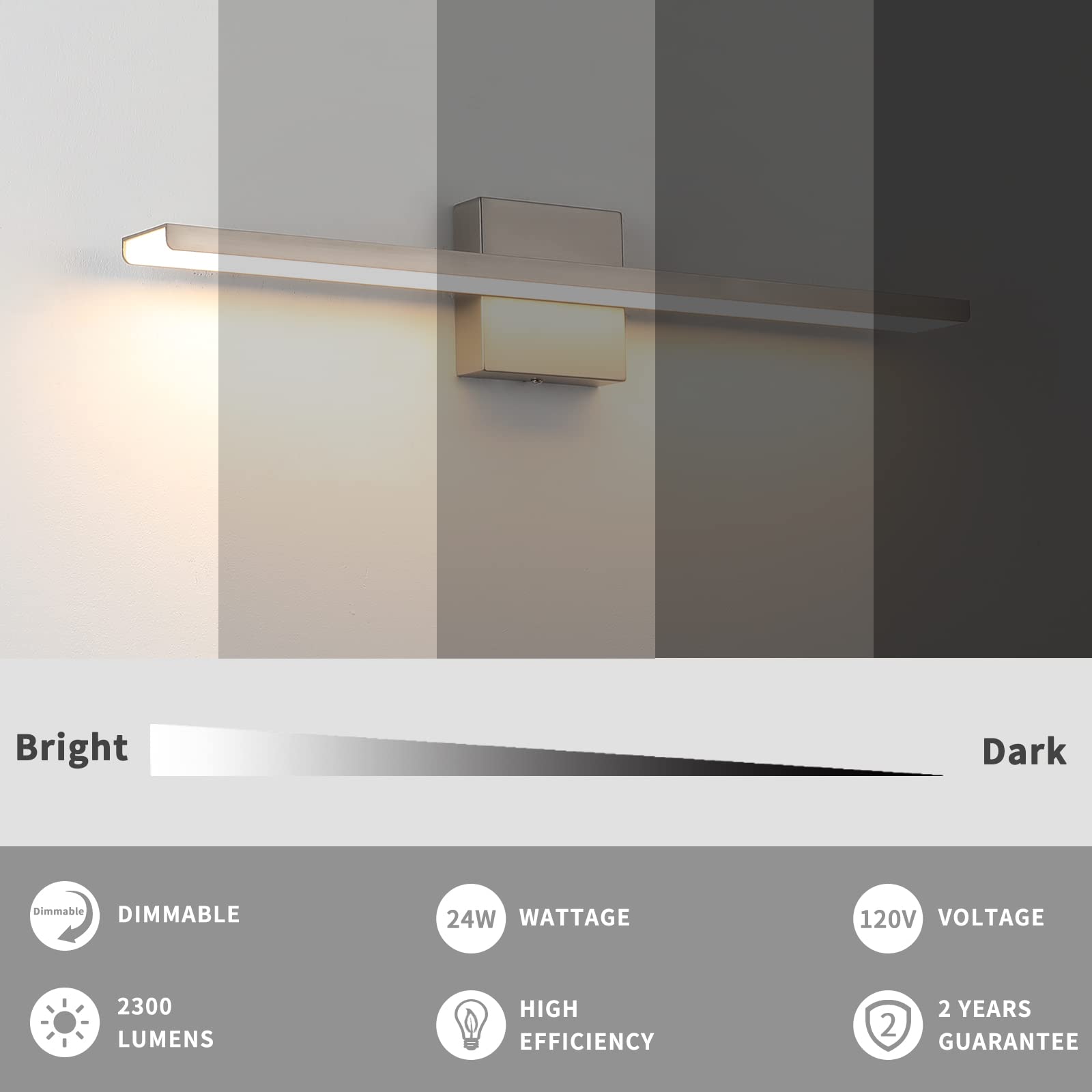 JUSHENG Brushed Nickel Bathroom Vanity Light Modern Dimmable Vanity Light Bar LED Bathroom Lighting 24 Inch 24W 3000K Warm White