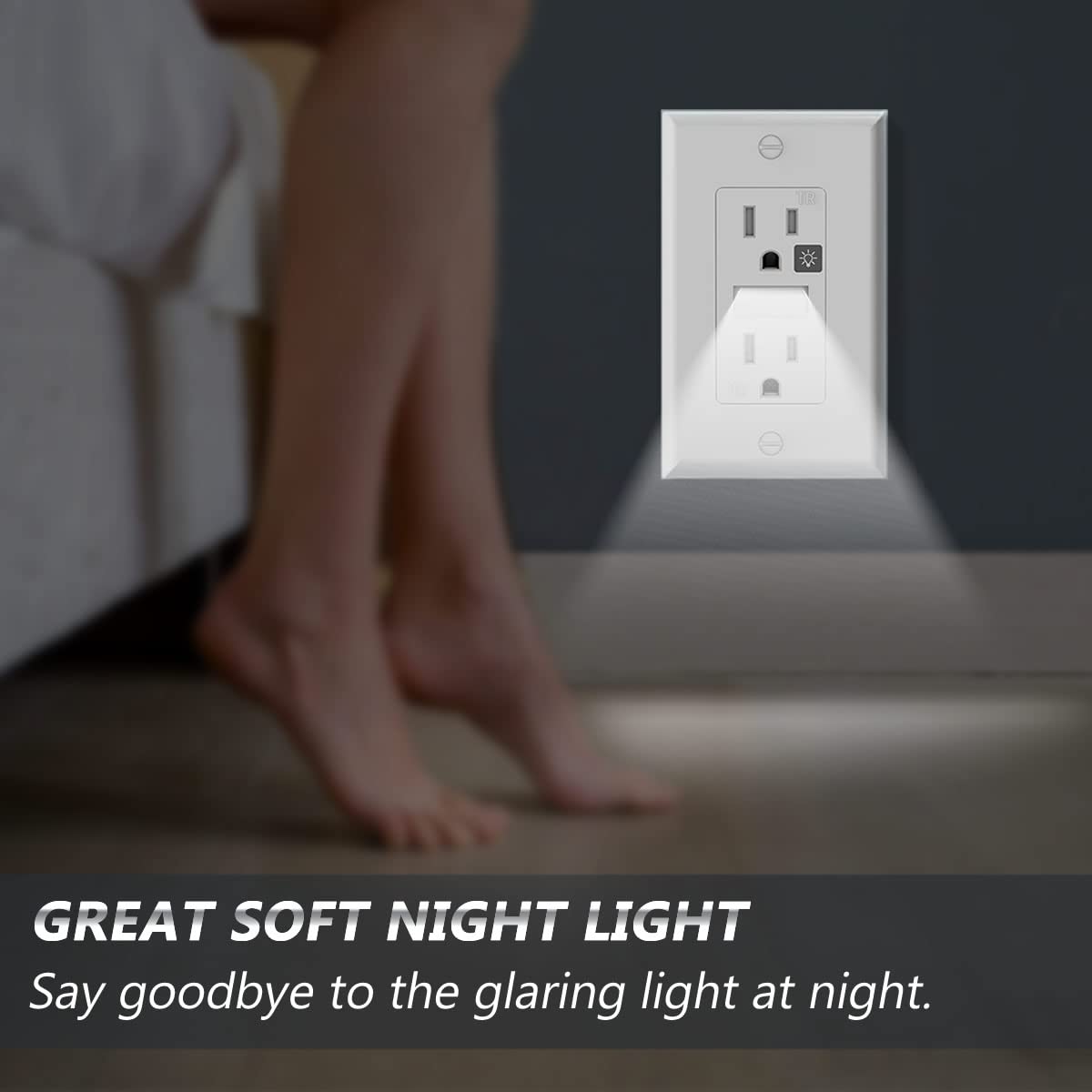 SOZULAMP Tamper Resistant Receptacle Outlet with Night Light, 15A 125V, Polycarbonate, Glossy White, 2-Pack, Model MG-105
