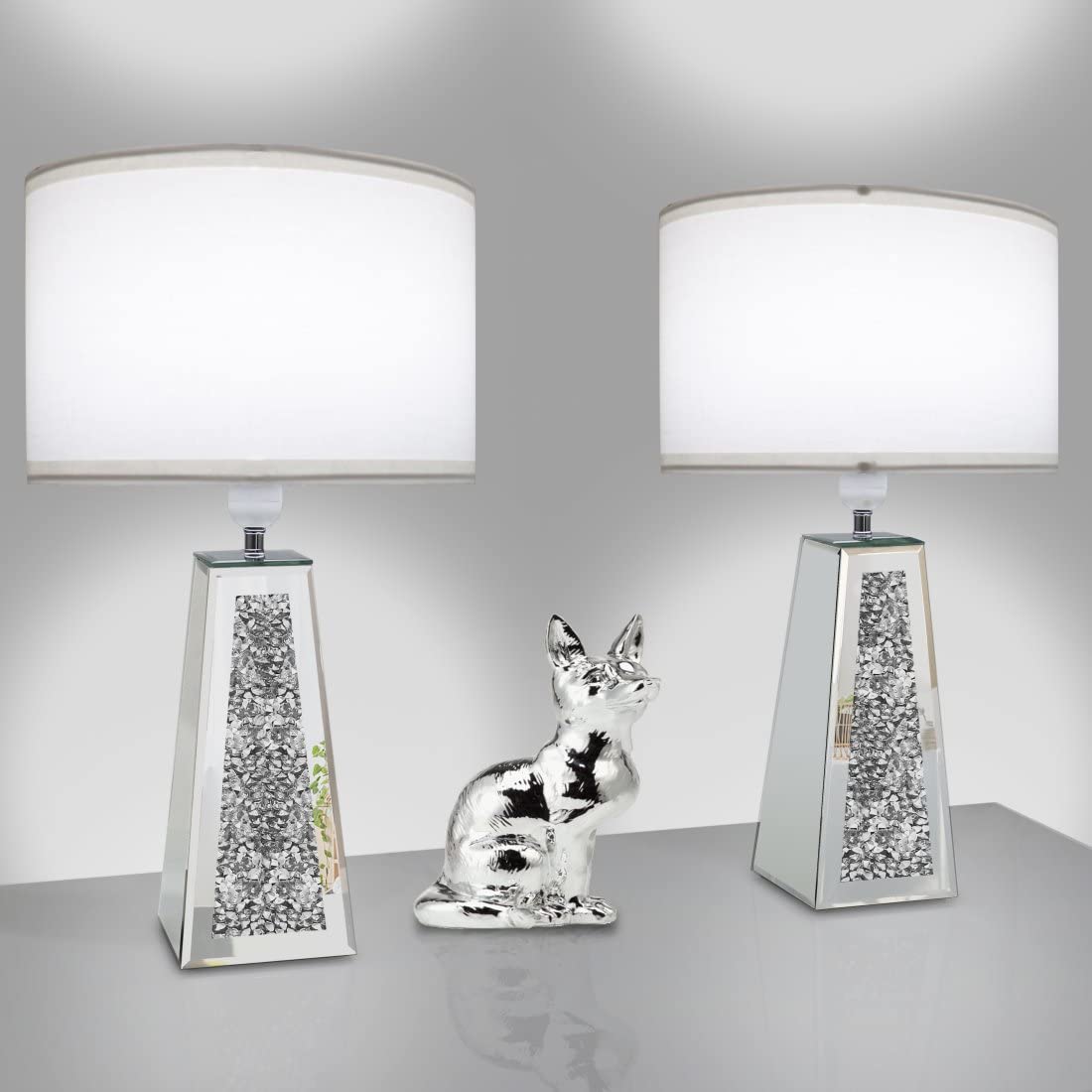 GOTHICO LED Table Lamp Set of 2, Silver Mirror Base, White Linen Shade, 20.7" Height, Modern Decor for Living Room & Bedroom