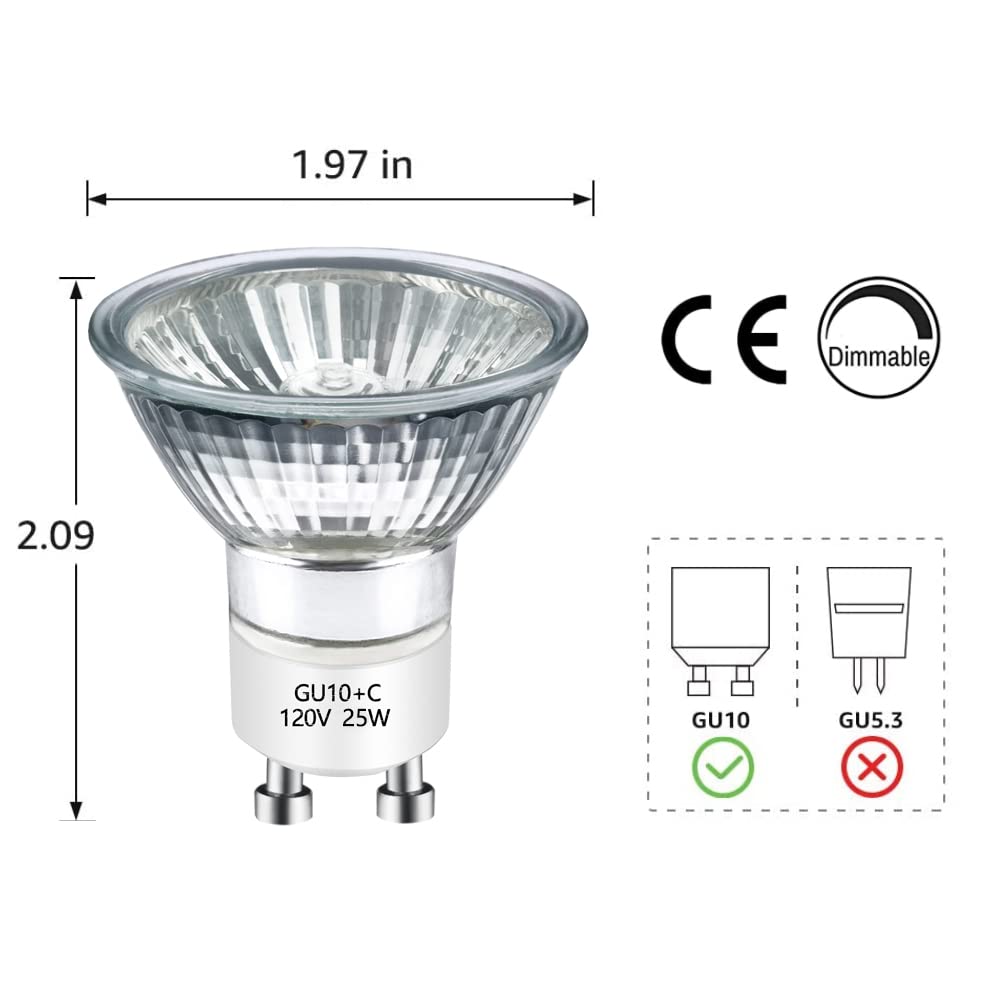 Bogao GU10 Halogen Bulbs 120V 25W, 2800K Warm White, Dimmable Glass Cover, Pack of 6 for Track & Range Hood Lighting