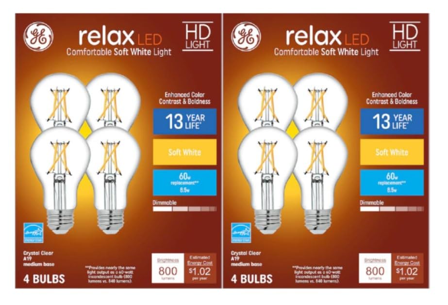 Ge Relax 8-Pack A19 60 Watt Equivalent Crystal Clear Soft White Dimmable Led Light Bulbs