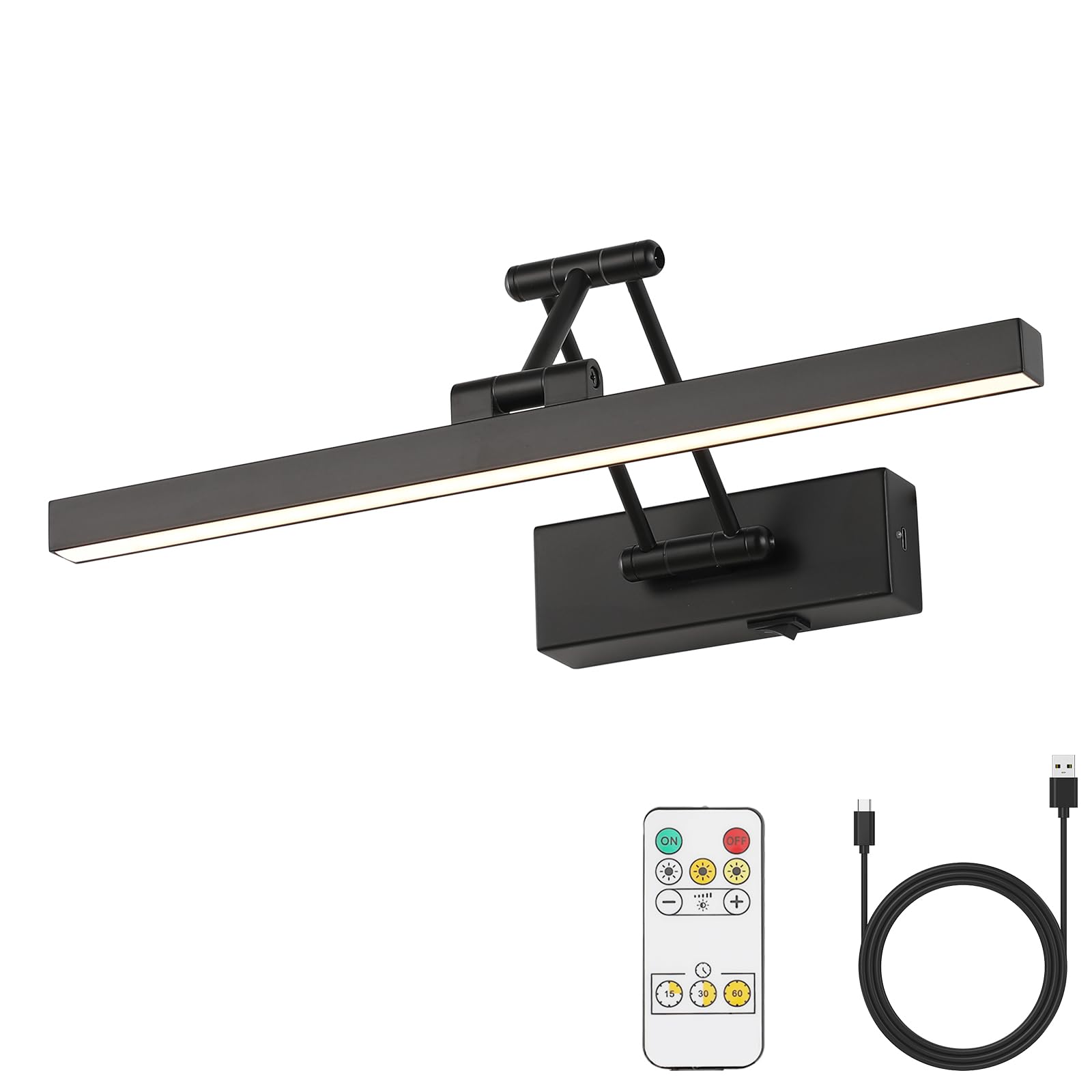 Pasoar Picture Light Battery Operated 15.7' Inch Long Rechargeable Wall Sconce Dimmable Led Library Light With Swing Arm And Timer Function Cordless Wall Light Indoor Black Color