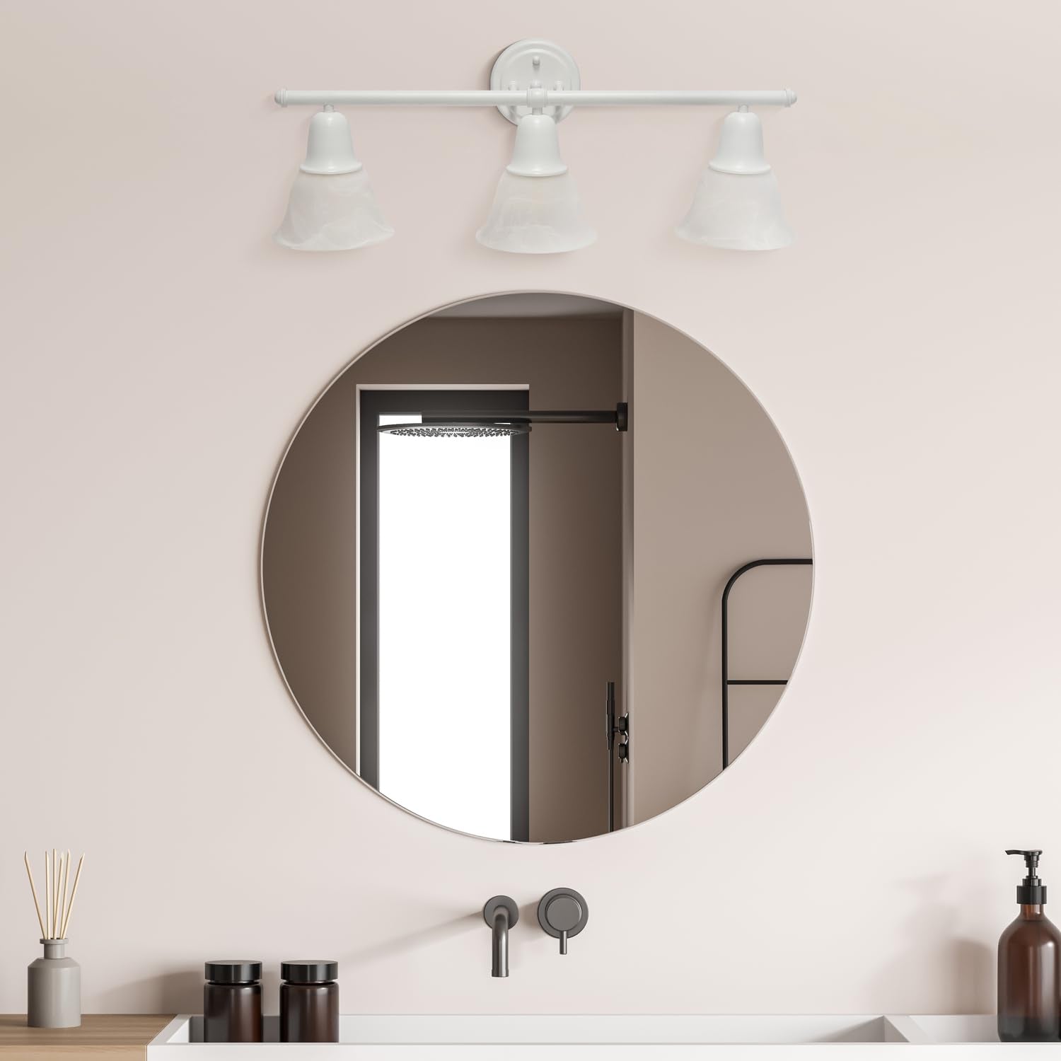 Simple Designs VT1027-WHT 26.5 Classic 3 Light Straight Metal Bar and Frosted Marble White Bell Shape Glass Shades Decorative Wa