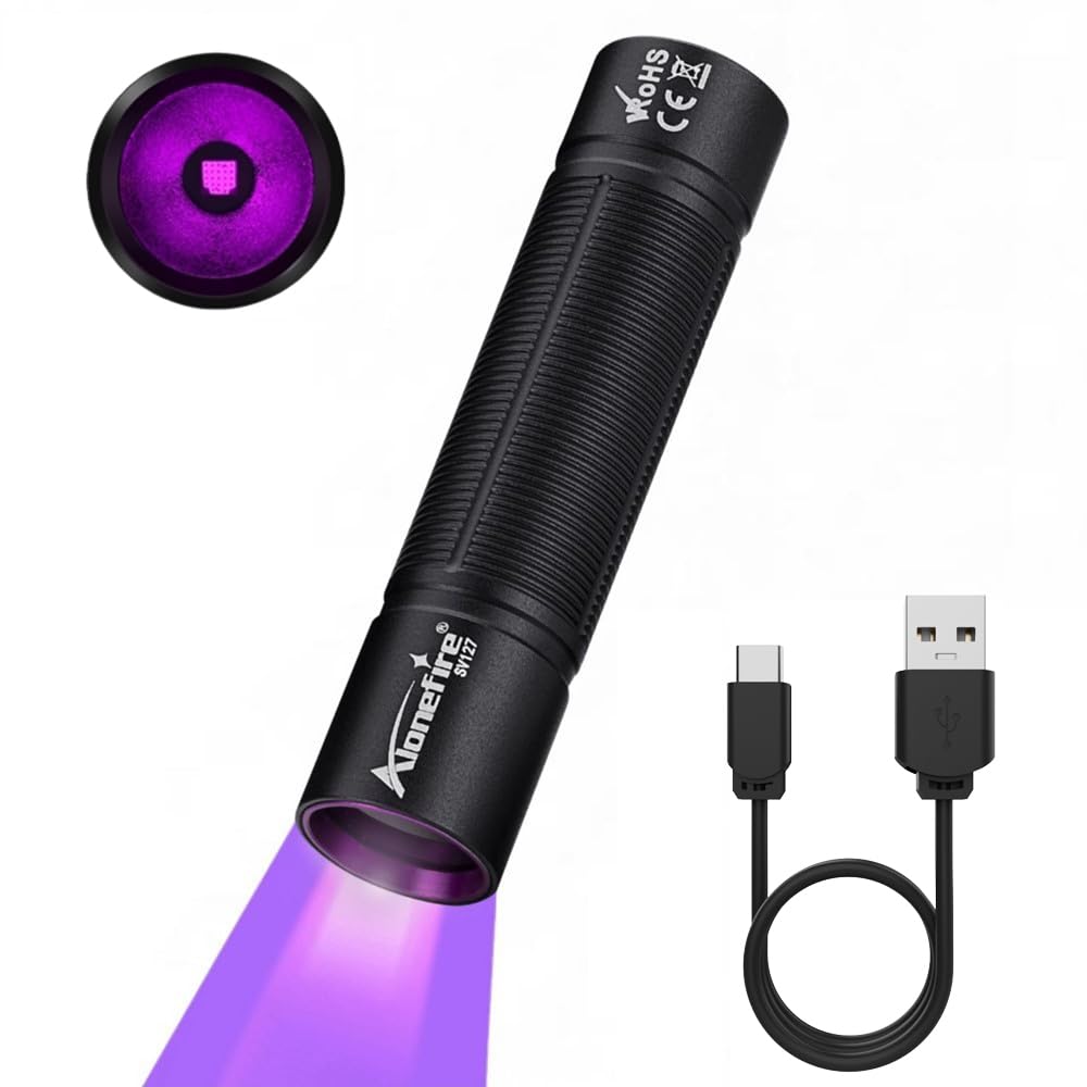 ALONEFIRE SV127 Mini 365nm UV Flashlight USB C Rechargeable Blacklight Woods Lamp Money Detector Black Light for Pet Urine Detector  Minerals  Rocks  AC Leaks with Built-in Battery