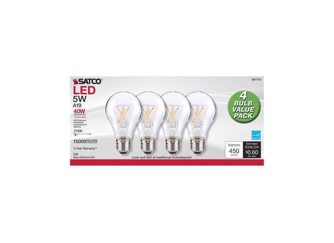 Satco S12460 5 Watt A19 LED Bulb, Clear, 2700K, Medium Base, 120 Volt, 4-Pack