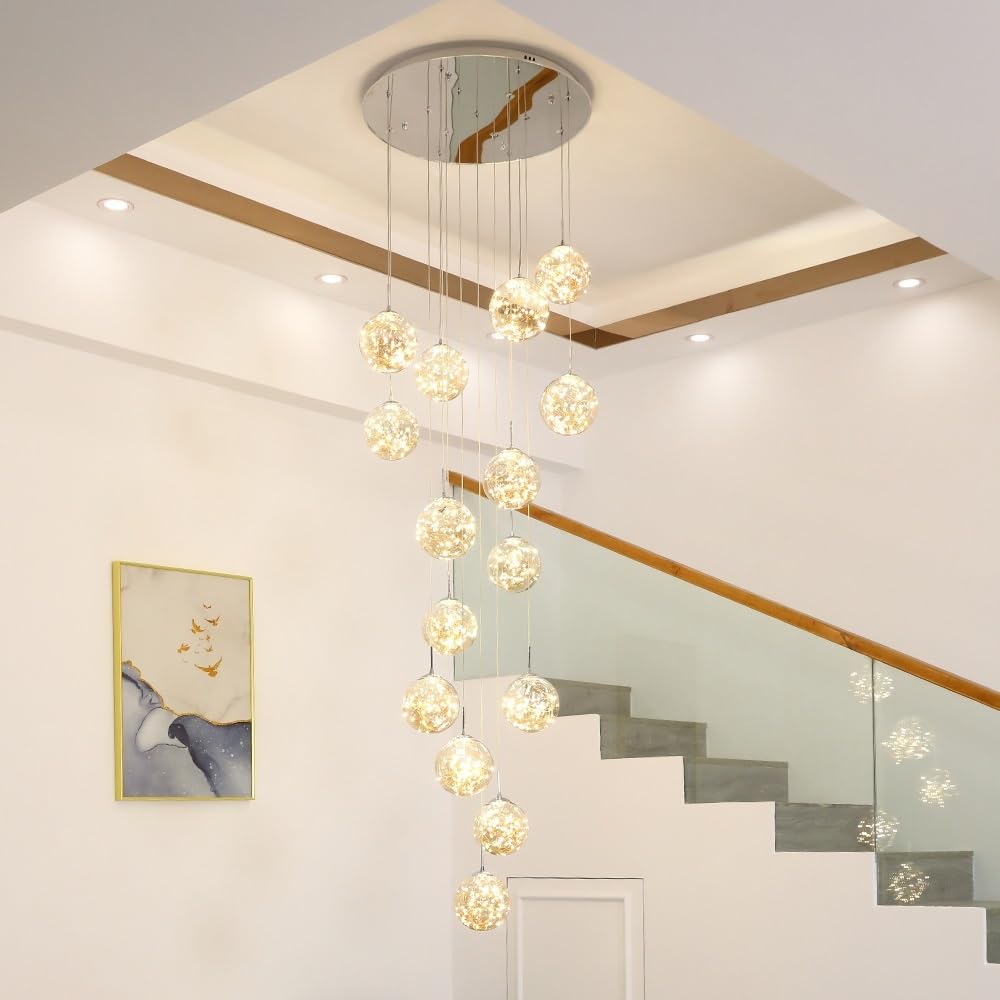 KAUCQI 10-Light LED Chandelier, Adjustable 16inW x 79inH, Modern Crystal Ceiling Light for High Ceilings, Yellow, Model ZG-1001