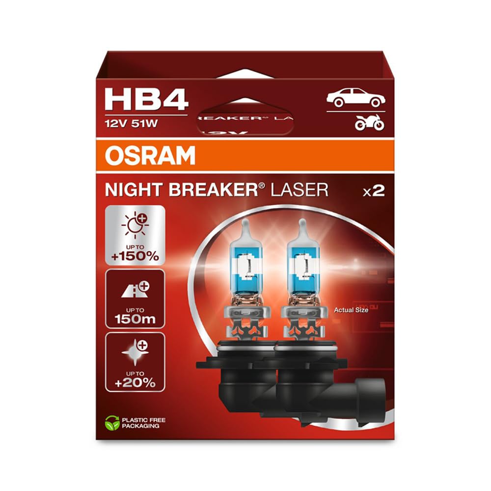 Osram Night Breaker Laser Hb4, +150% More Brightness, Halogen Headlight Bulb, 9006Nl-2Hb, 12 V Car, Hanging Box (2 Lamps), White