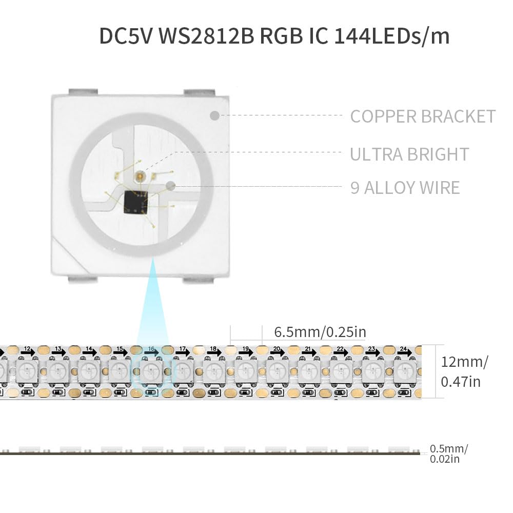 Loamlin Ws2812B Ic Rgb 5050Smd Eco Individual Addressable Led Strip Light, 3.2Ft 144Led/M Flexible Full Color Ip30 Dc5V White Pc