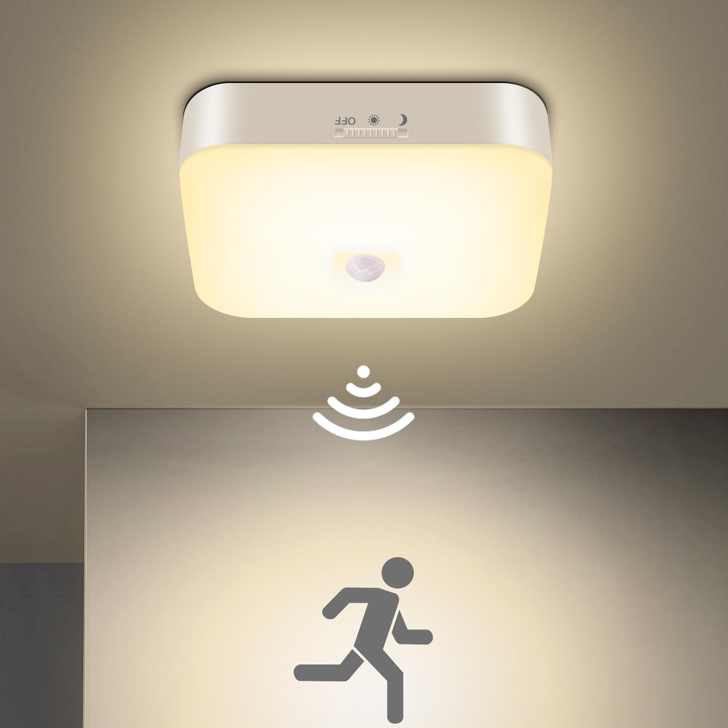 WhitePoplar Rechargeable Motion Sensor Ceiling Light Without Wiring, 500LM Wireless Battery Operated Closet Light, Shower Light 