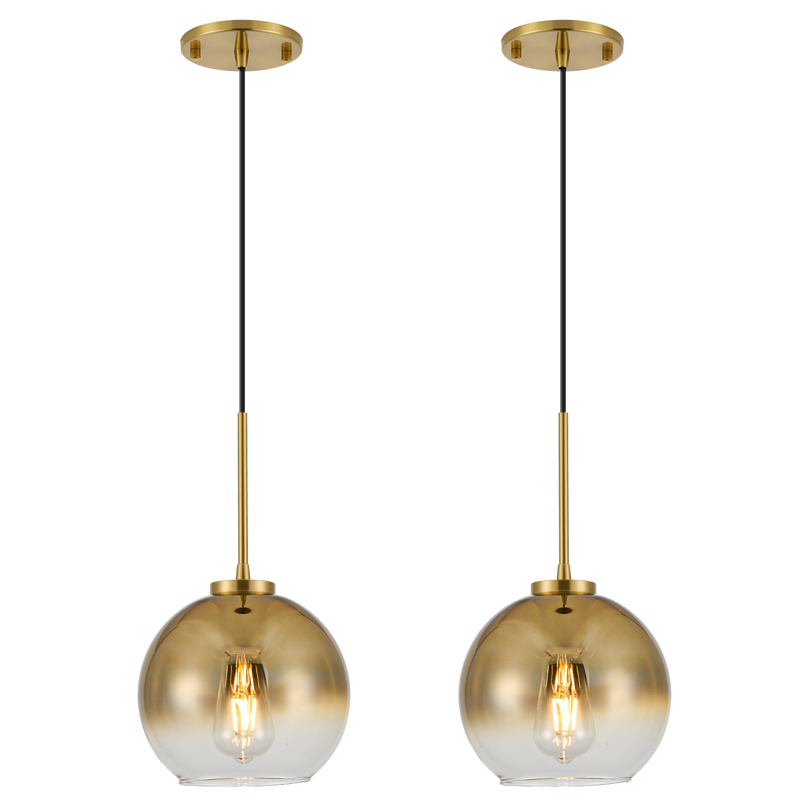 Niloah 2 Pack Mid Century Modern Gradient Gold Glass Pendant Lights Kitchen Island, Glass Globe Pendant Lights with Adjustable C