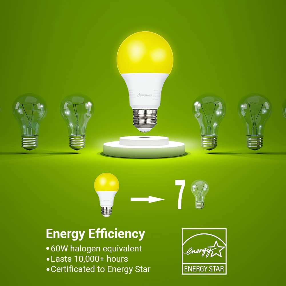 DEWENWILS LED Light Bulbs Outdoor, 9W Yellow A19, 600LM, 2400K Amber Glow, 4 Pack, E26 Base, UL Listed