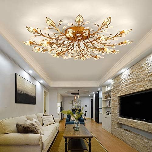 Ridiss Modern Crystal Ceiling Light Fixture, 15-Light Semi Flush Mount Chandelier, Gold, Model SJD-15
