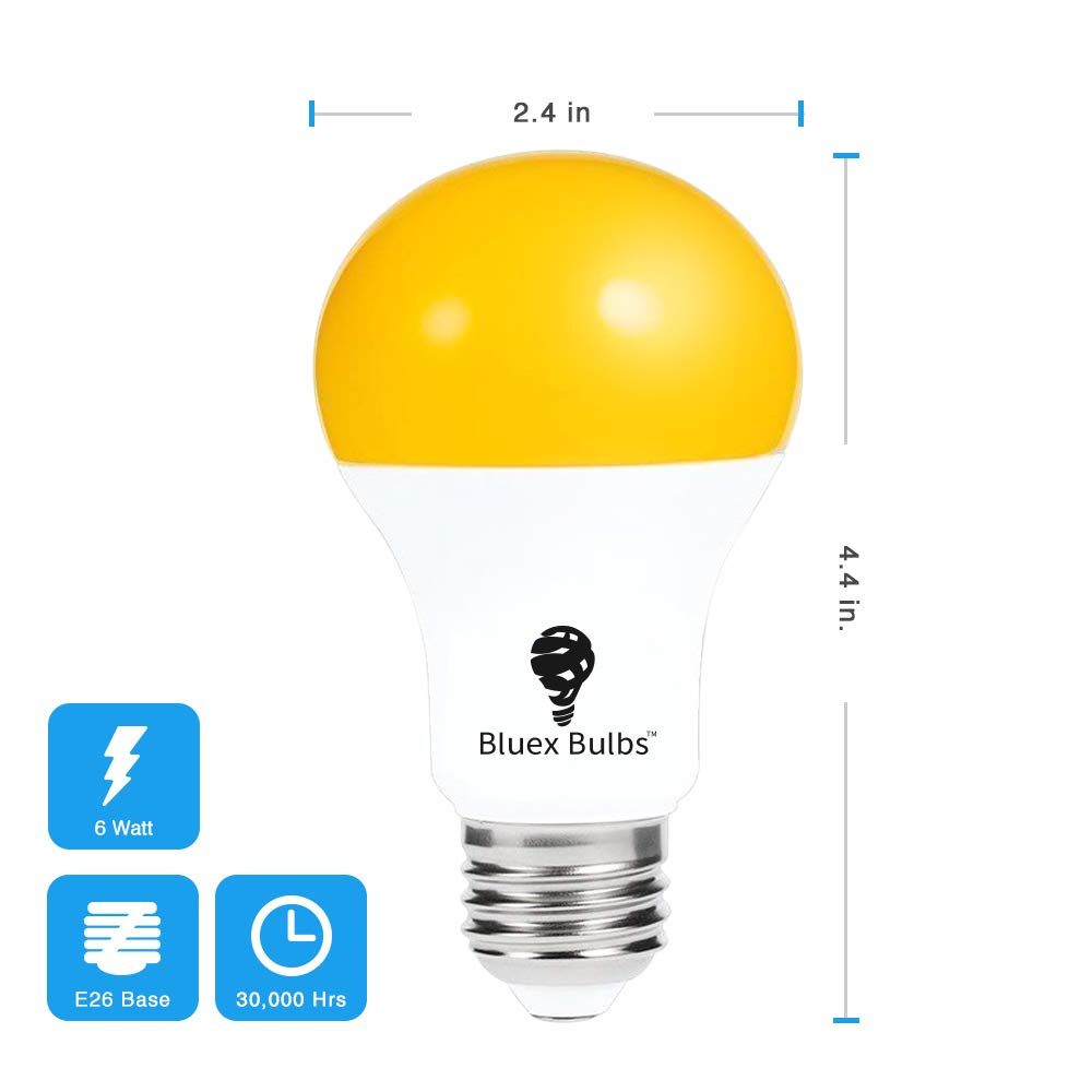 Bluex Bulbs 2 Pack LED Dusk to Dawn Bug Light Bulbs, Amber Light, Automatic Sensor, E26, 500 Lumens, Yellow, Model 2306