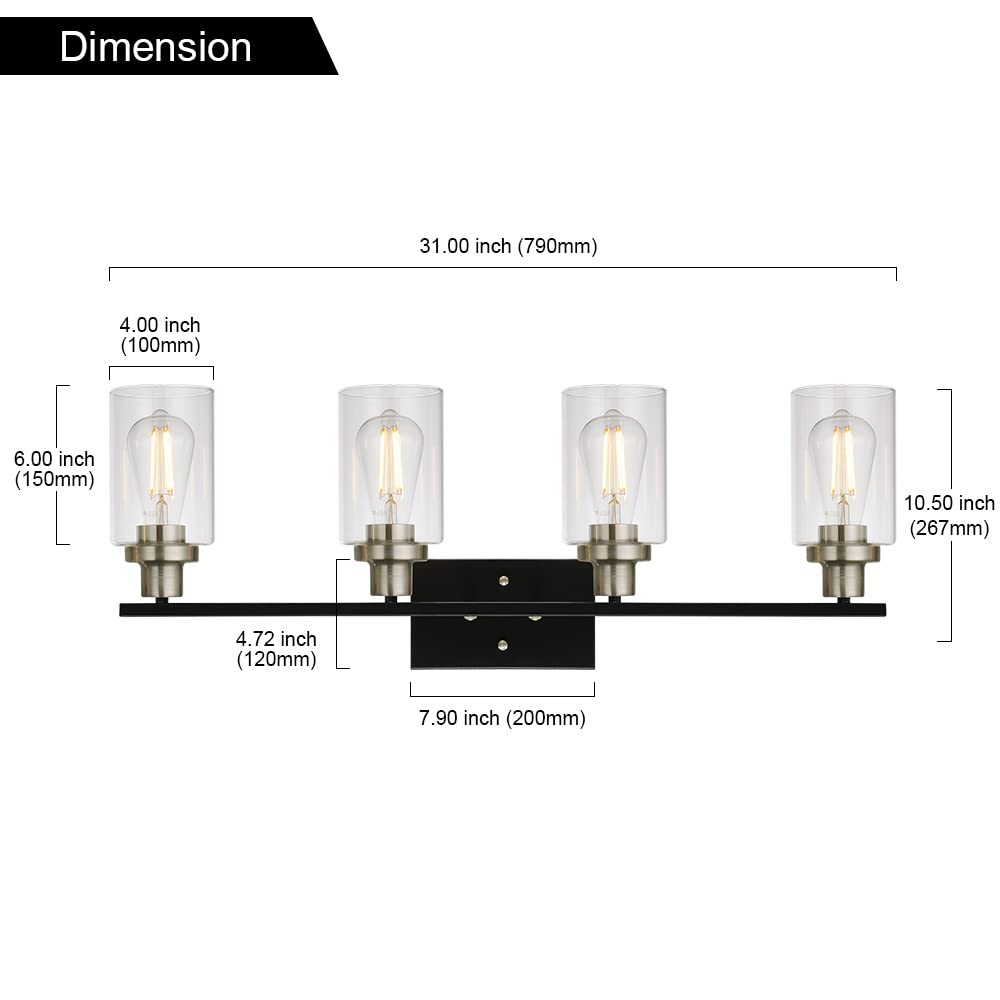 MELUCEE 4-Light Vanity Lights, Metal with Clear Glass Shade, Black and Brushed Nickel, Wall Mount for Bathroom and Bedroom
