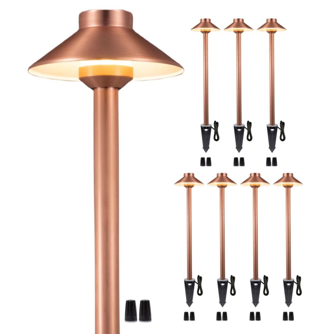 Gardenreet Brass Low Voltage Path Lights(Hat) Outdoor Waterproof IP65, 12v LED Copper Landscape Lights Wired Fixture for Patio W