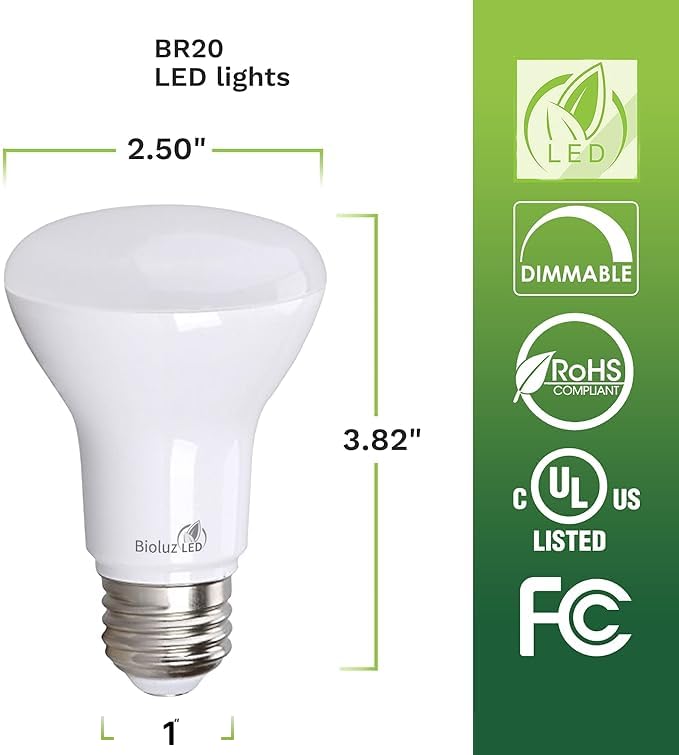 Bioluz Led Br20 Led Light Bulbs 20-Pack, 6W = 50W Replacement, 5000K Daylight Led Light Bulbs, 540 Lumens, 90 Cri, Dimmable, Ul-