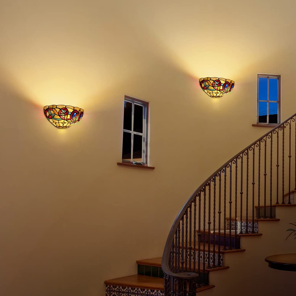 Capulina Tiffany Wall Sconces 12 Inches Wide Cream Brown Style Stained Glass Wall Light Fixtures For Hallway Stairway Bedroom Cinema Bathroom
