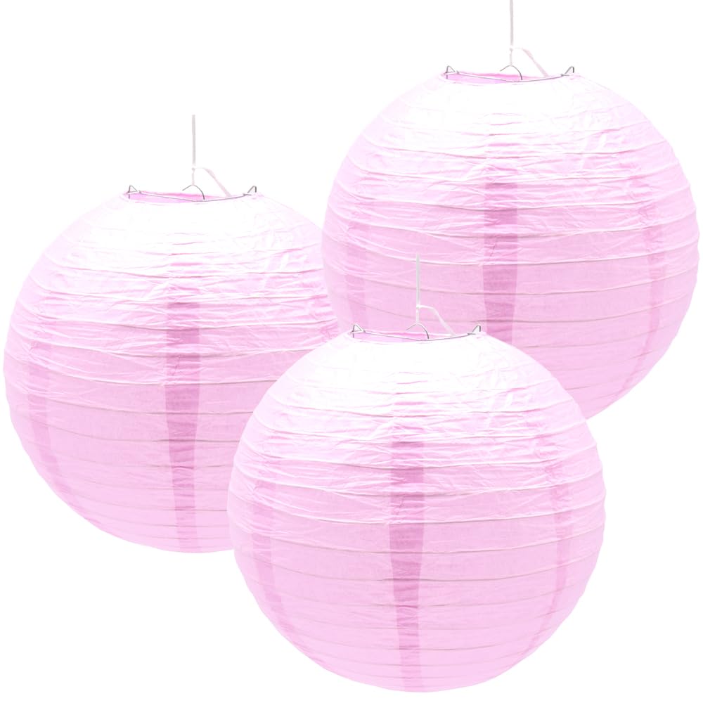 Hocansen Paper Lanterns - 3pcs Decorative Round Lanterns, 12in, Pink, Metal, Ideal for Birthday, Halloween, Wedding, Baby Shower Decor