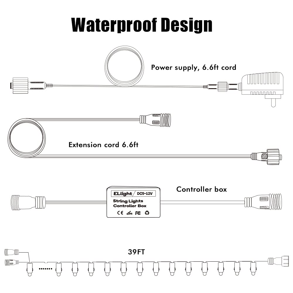 ELlight Outdoor String Lights 39ft 100LED, Dream Color Christmas Lights with APP, Waterproof Color Changing LED String Lights fo