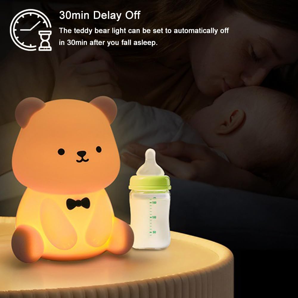 ipalmay Bear Night Lamp- 30min Auto-Off Kids Toddler Nursery Bedside Nightlight, 3 Brightness Modes 6 Light Colors Night Light f