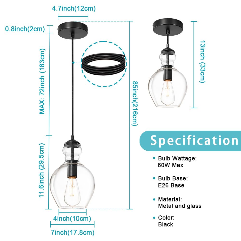 Vaziden Modern Glass Pendant Lighting For Kitchen Island Kitchen Sink, Farmhouse Black Pendant Light Fixtures 7 Inch 1 Pack, Adj