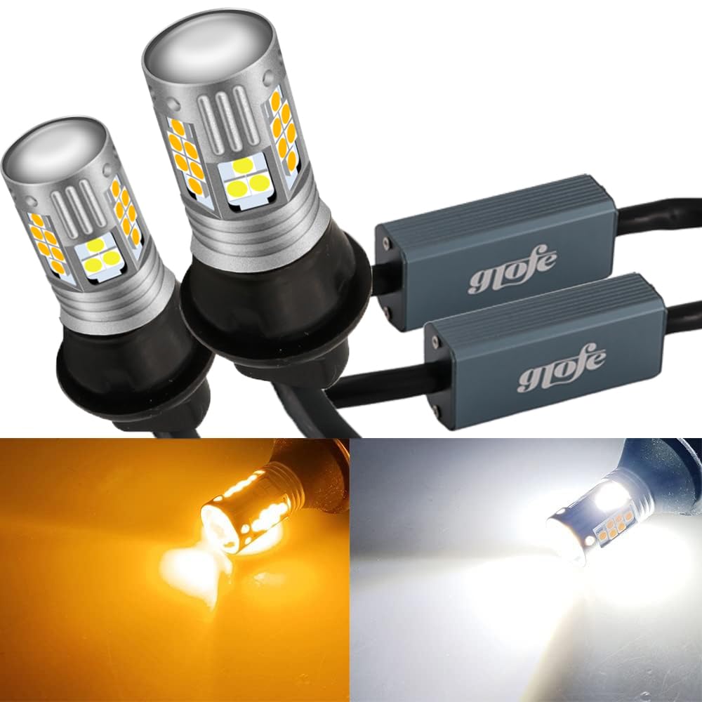 GLOFE 3157 Dual Color Switchback LED Turn Signal Light Bulbs, White/Amber, Model A-065, Error Free, Built-in Resistors