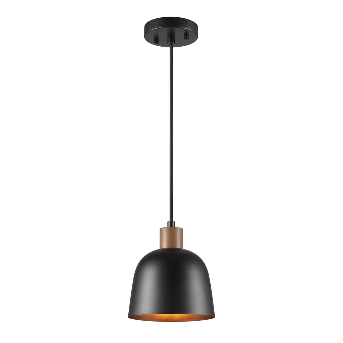 Globe Electric 67000193 1-Light Pendant Lighting, Matte Black, Wood-Toned Accent On Socket, 5Ft Black Fabric Cord, Home Improvem