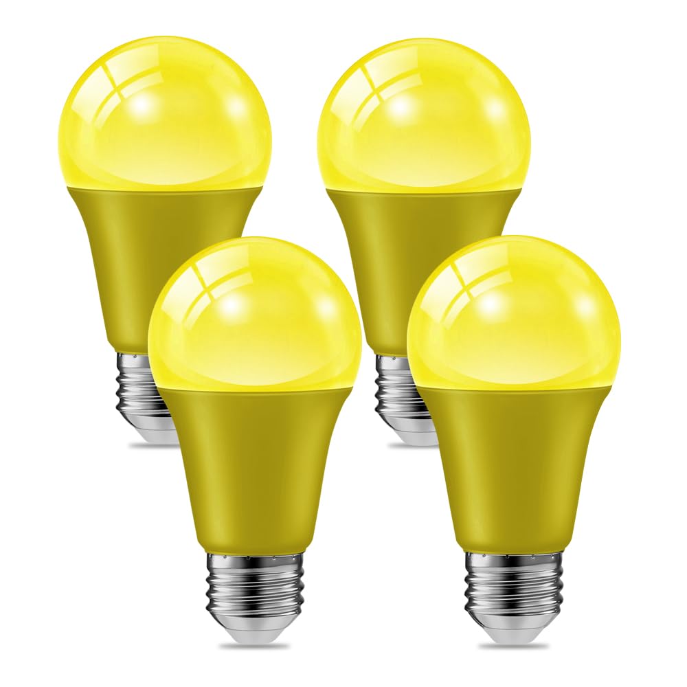 4 Pack 9W (60W Equivalent) 120V E26 Base A19 LED Colored Light Bulb, Yellow LED Lights for Party Christmas Decor and Halloween L