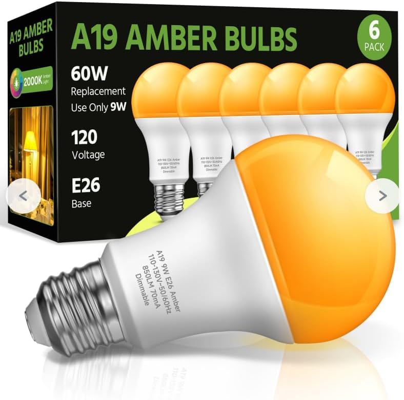 Led Amber Light Bulbs, A19 9W(60W Equivalent) 2000K Amber Yellow Led Bulbs, E26 Base For Bedroom, Porch, Baby Nursery Room, Yard