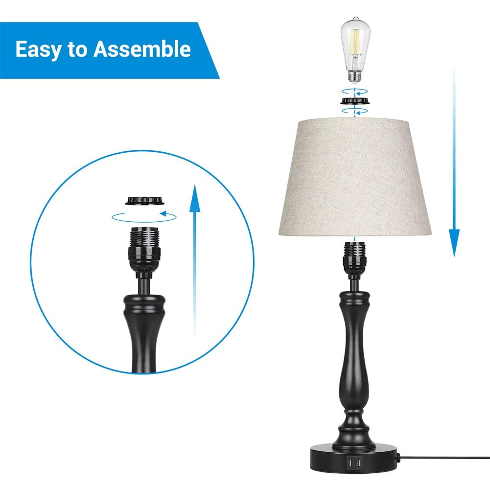 DEWENWILS Modern Bedside Table Lamp, 3-Way Dimmable Touch Control Desk Lamp with 2 USB Ports, Vintage Rustic Wood Nightstand Lam