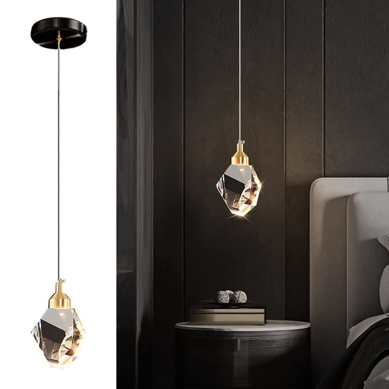 Sxtiger Modern Crystal Pendant Light, 3-Color LED Crystal Pendant Light, Adjustable Height Gold Ceiling Hanging Pendant Lamp, fo