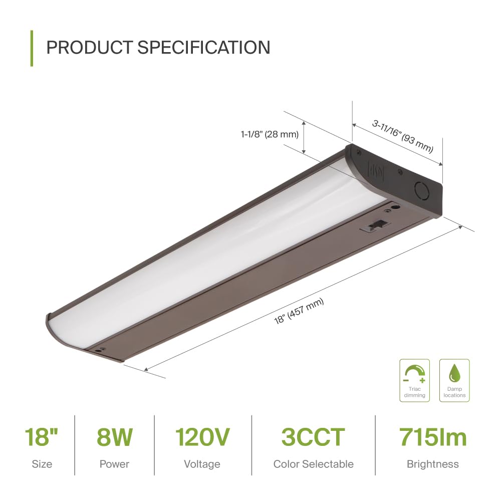 Asd Led Under Cabinet Lighting Bronze, 18 Inch 8W 715 Lm, Dimmable Hardwired Under Cabinet Lights For Kitchen, 3000K/4000K/5000K