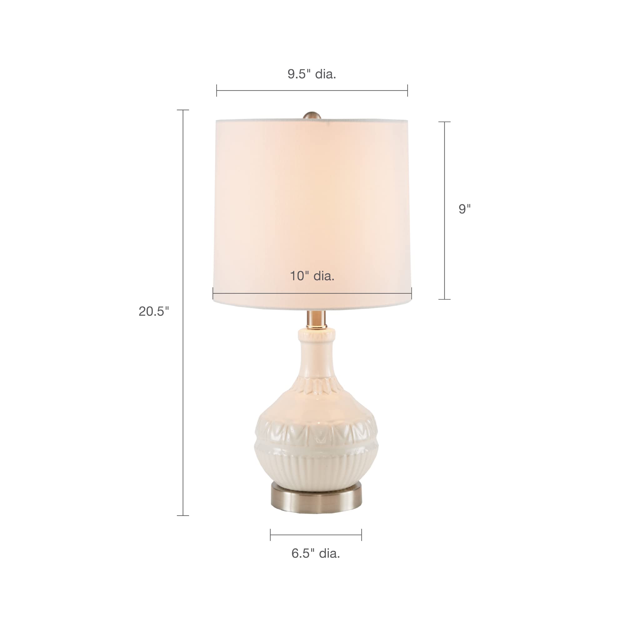 510 DESIGN Gypsy Ceramic Table Lamp, 10inW x 10inL x 20.5inH, White, Fabric Shade, Rotary Switch, Model 5DS153-0030