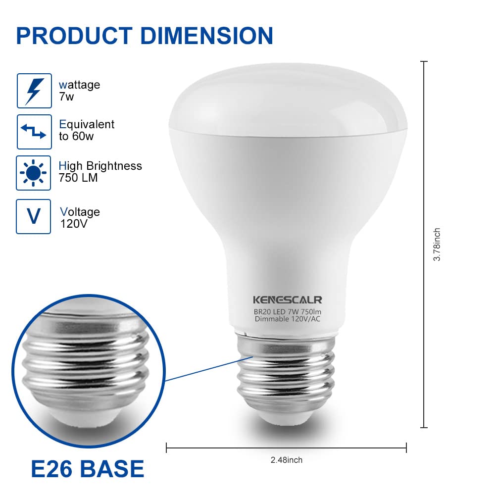 Kenescalr Br20 Led Bulb 5000K Daylight White 7W 50W 60W Equivalent 750Lm Dimmable E26 Base Indoor Flood Light Bulbs For Recessed