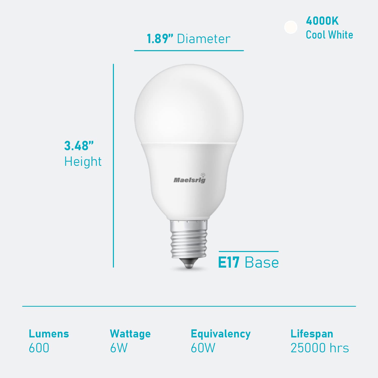 Maelsrlg E17 LED Bulb G14 Globe 6W 600 Lumens Cool White 4000K Pack of 6