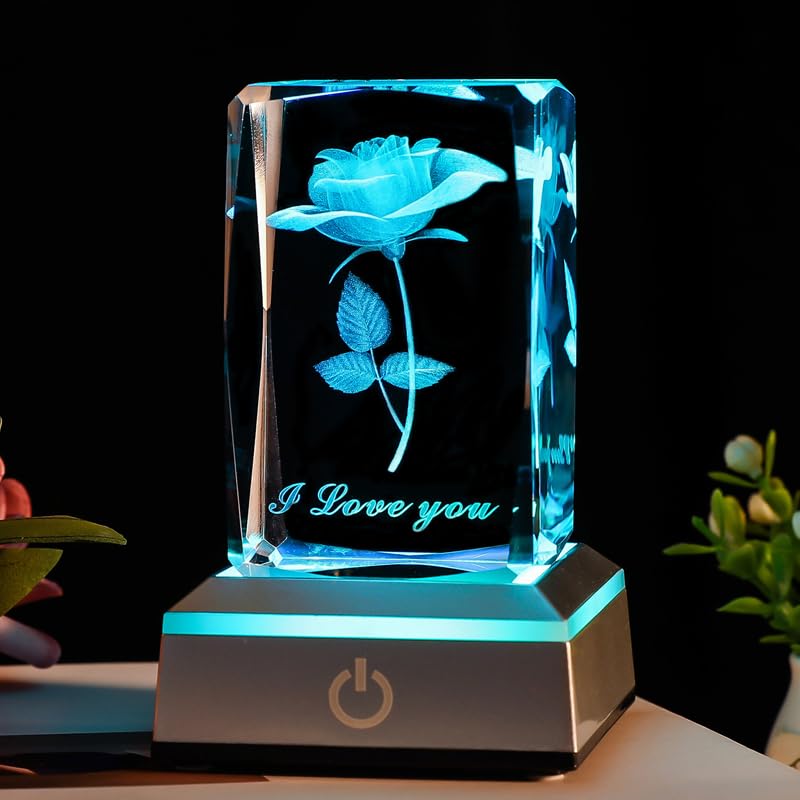 Bahujida 3D Rose Crystal With Led Color Lamp, Mothers Day Gift,Birthday Present For Girlfriend, Wife, Mother, Friendship And Lov