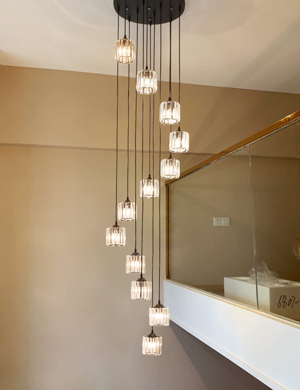 Meimond Modern Crystal Pendant Light - Long Chandeliers, 12 Lights, Black Metal, Clear Crystal Shade for High Ceilings, Foyer, Living Room