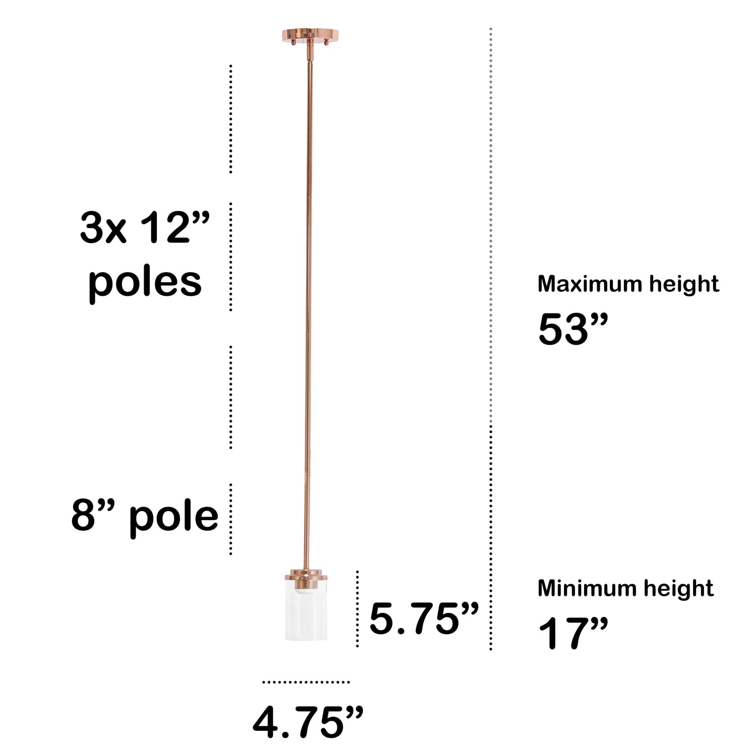 Lalia Home 1-Light Adjustable Pendant Fixture, 5.75in Clear Cylinder Glass, Rose Gold, Iron, Model 1270-LHP-3011-RG