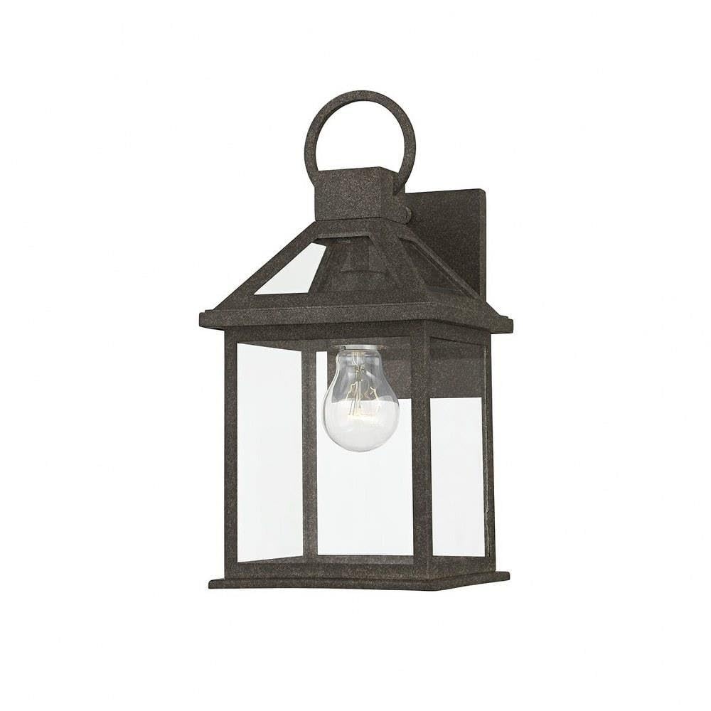 Troy Lighting Sanders 13.5 Exterior Wall Lantern | French Iron Finish | Clear Glass Panels | Cottage Outdoor 1-Light Sconce | Ma