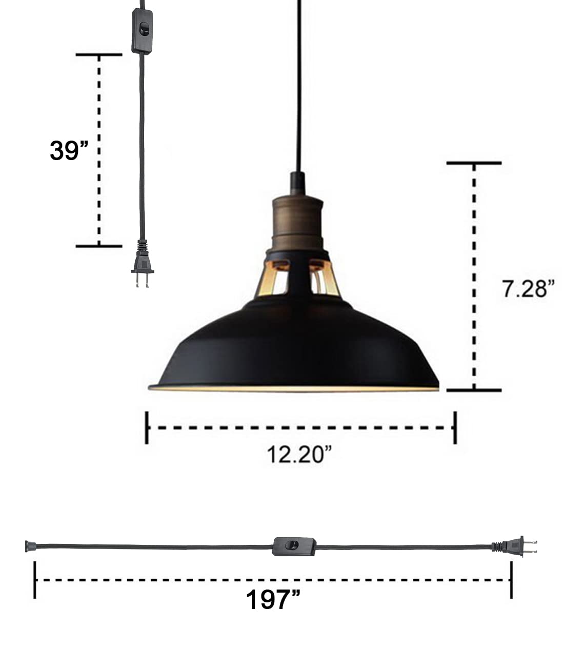 CLAXY Adjustable Plug-in Pendant Light Fixture Set of 2, Black Metal with On/Off Switch, 197-inch Cord, Model T2926DU-C-2