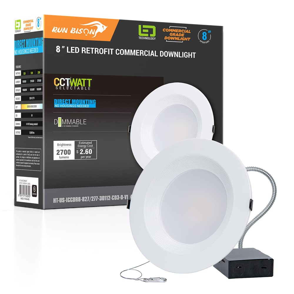Run Bison 8 Inch Recessed Led Commercial Downlight With J-Box, Wattage Adjustable 16/21/27W,3 Color Selectable 3000K-5000K, 120-277V,0-10V Dimmable, Ic Rated,Canless Led Downlight