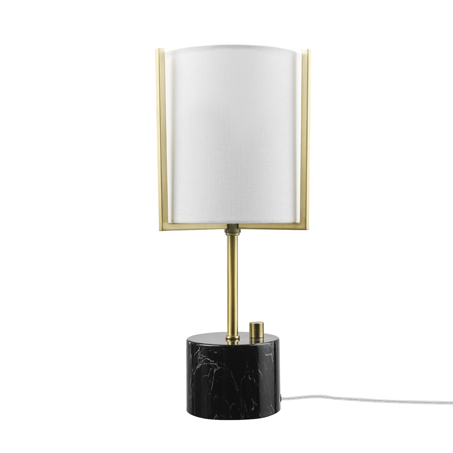 Globe Electric 67532 Table Lamp, 15in, Matte Brass & Black Faux Marble, White Linen Shade, Stepless Rotary Dimmer