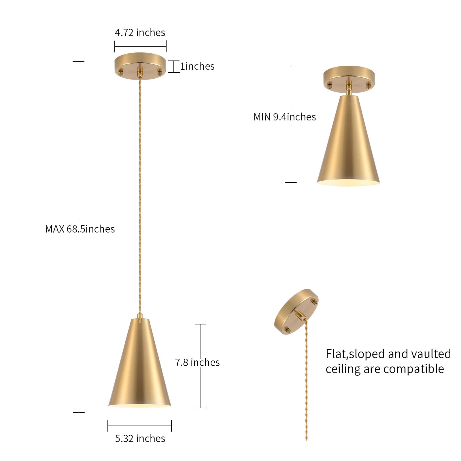 Dijiahua Gold Pendant Lights - 3 Pack Modern Farmhouse Mini Chandeliers with Brushed Brass Metal Shade for Kitchen Island & Dining Room