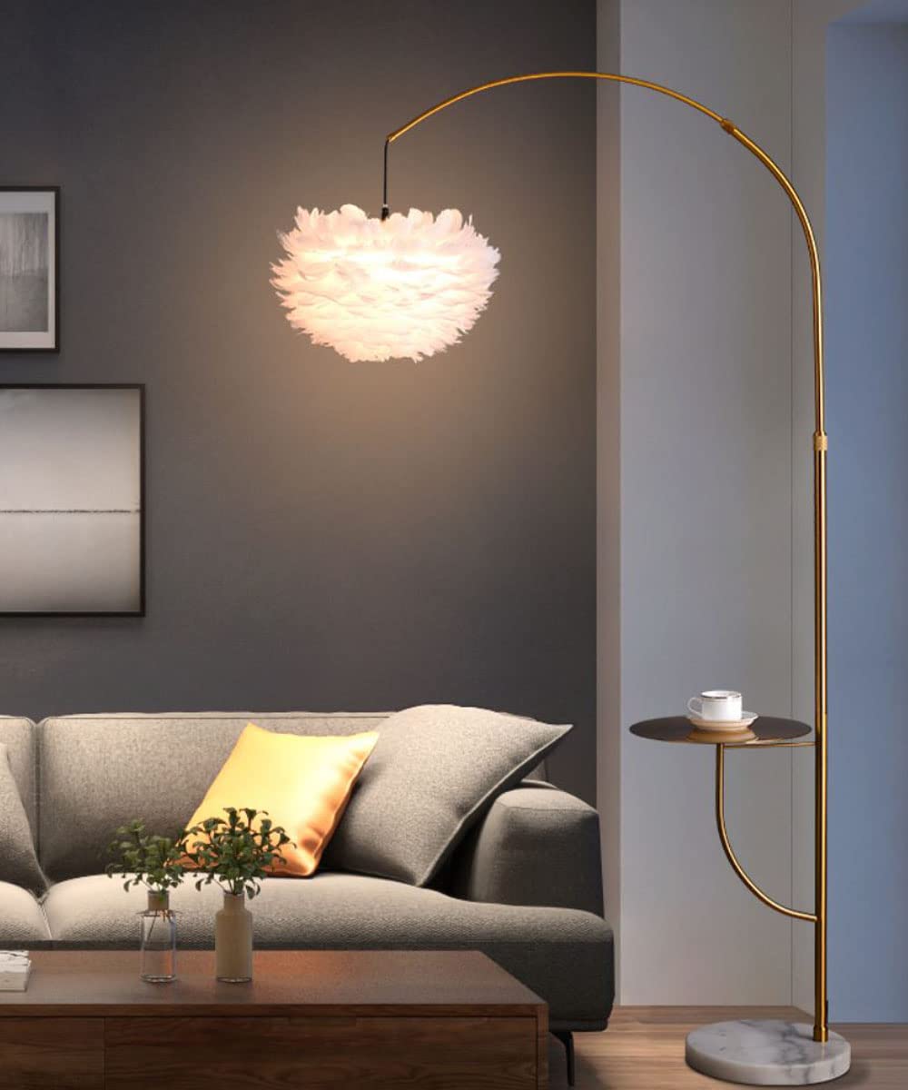 Surpars House White Feather Floor Lamp with Table, Adjustable Height, Gold Finish, Model S0200028