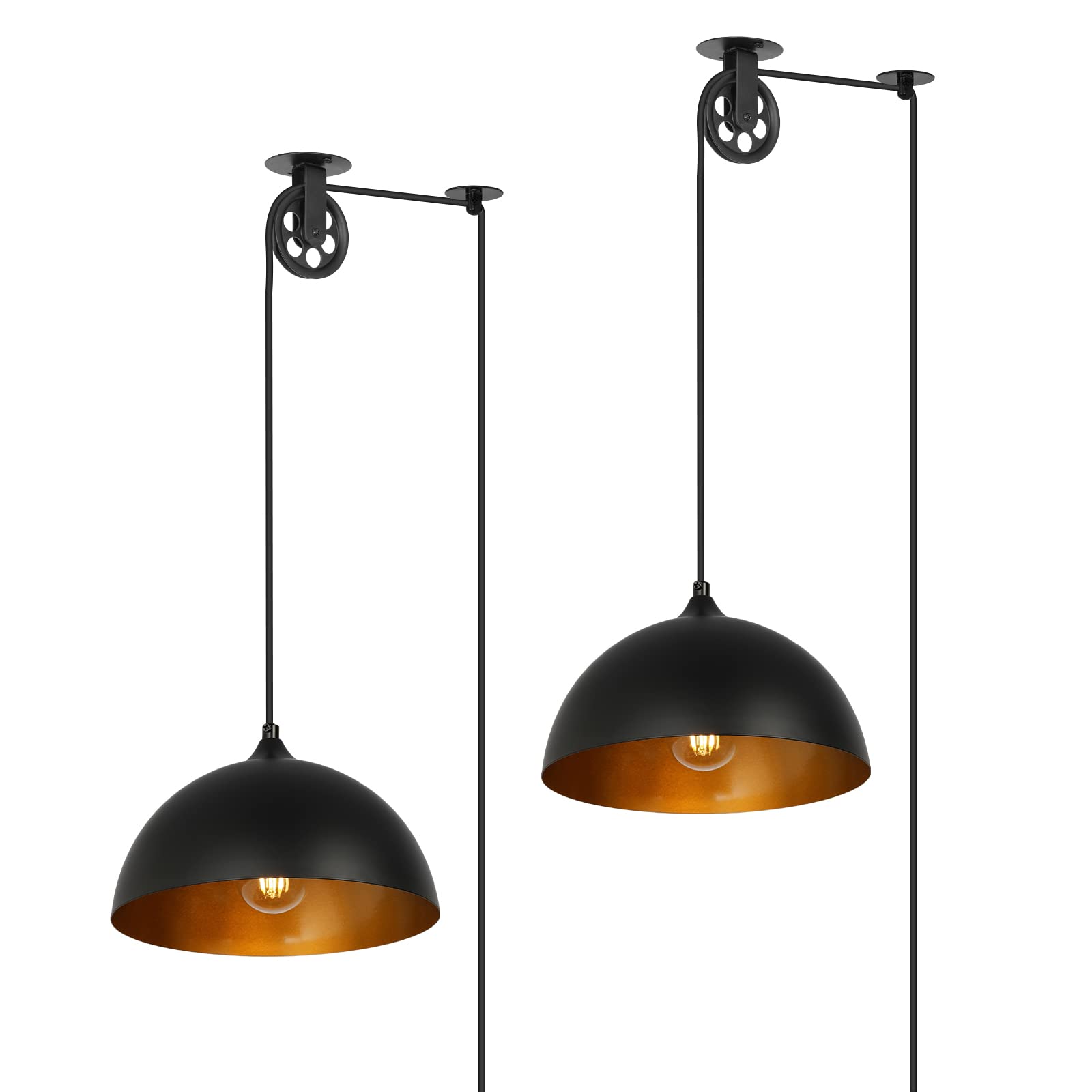 KIGHSIN Modern Plug in Pulley Black and Brass Domed Pendant Light with 19.4ft Cord On/Off Switch, Retro Metal Barn Hanging Ceili