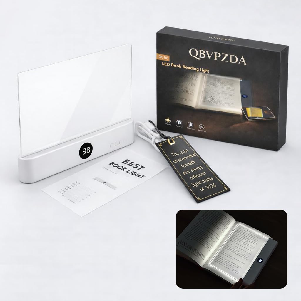 Book Light Page for Reading in Bed at Night, Flat, Clip-On, Portable Rechargeable Lamp with 3 Adjustable Brightness Levels, For 