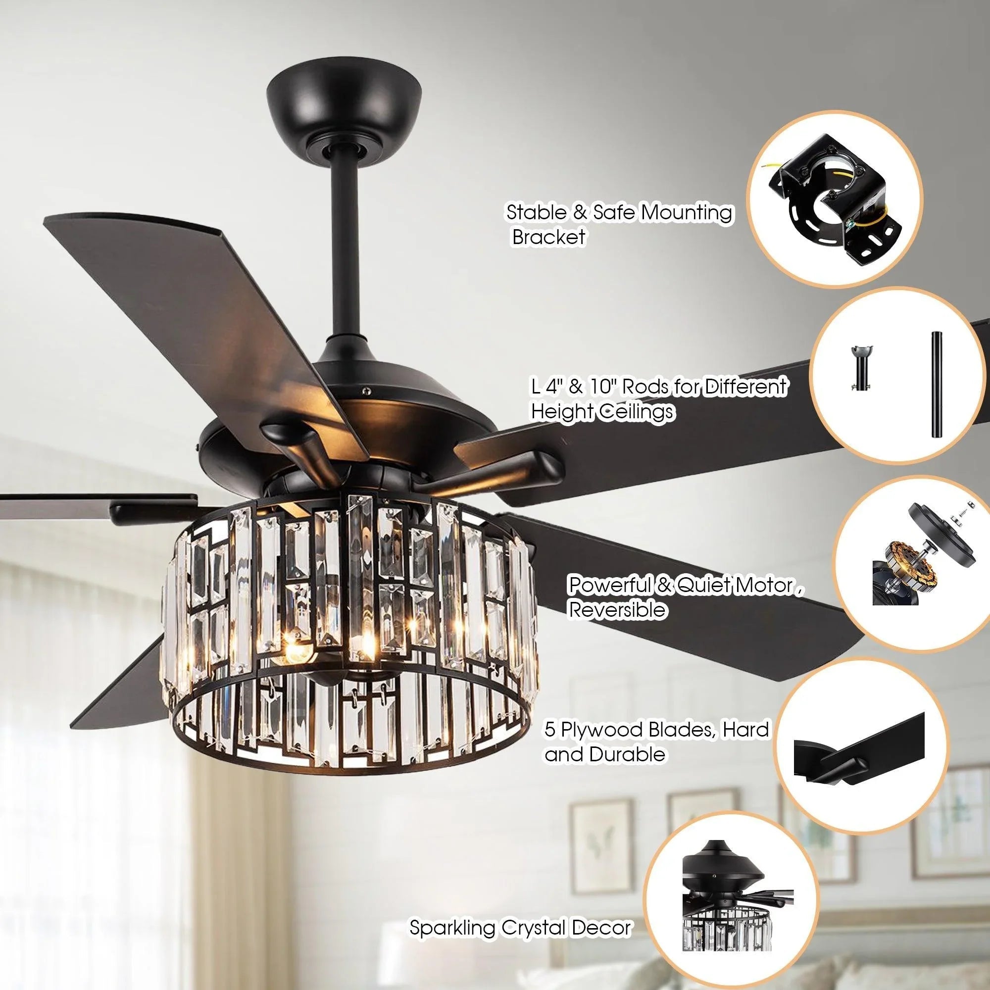 52" Dicken Modern Downrod Mount Reversible Crystal Ceiling Fan with Lighting